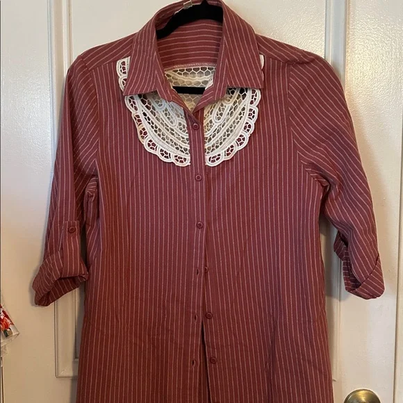 Striped Button-Down Tunic Dress w/ Crochet Lace Detail - Picture 2 of 2